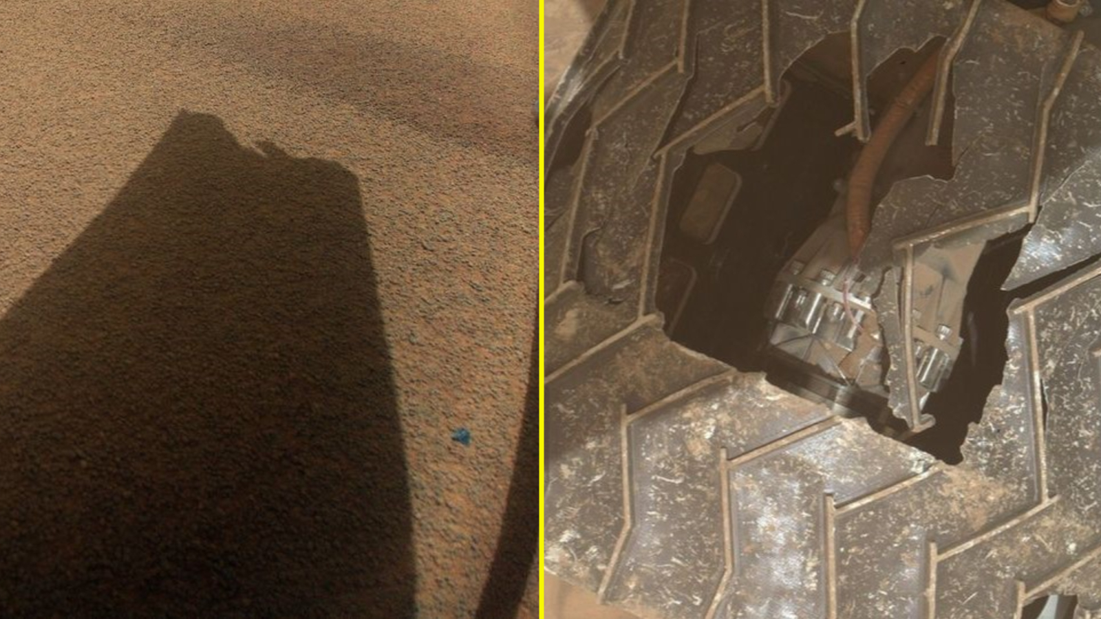 Two side by side images of damage to the Ingenuity helicopter and Curiosity rover