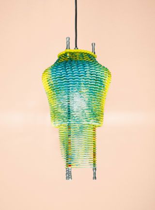 Blue and yellow pendant lamp, one of Jorge Pardo Brussels Lamps reissued by Taschen