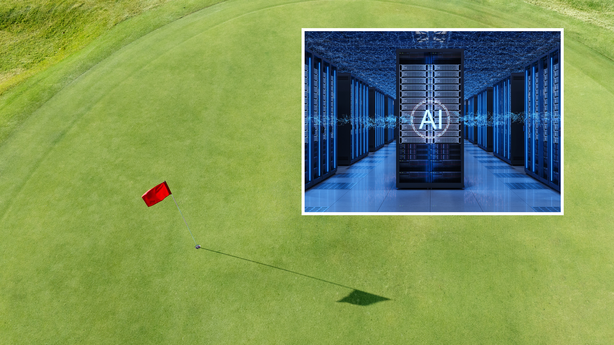 General shot from above of a golf green with an inset box photo of an AI data center