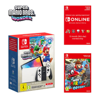 Nintendo Switch – OLED Model (White) + Super Mario Bros. Wonder + Nintendo Switch Online Individual 12-Month (365-Day) Membership + Super Mario Odyssey Pack