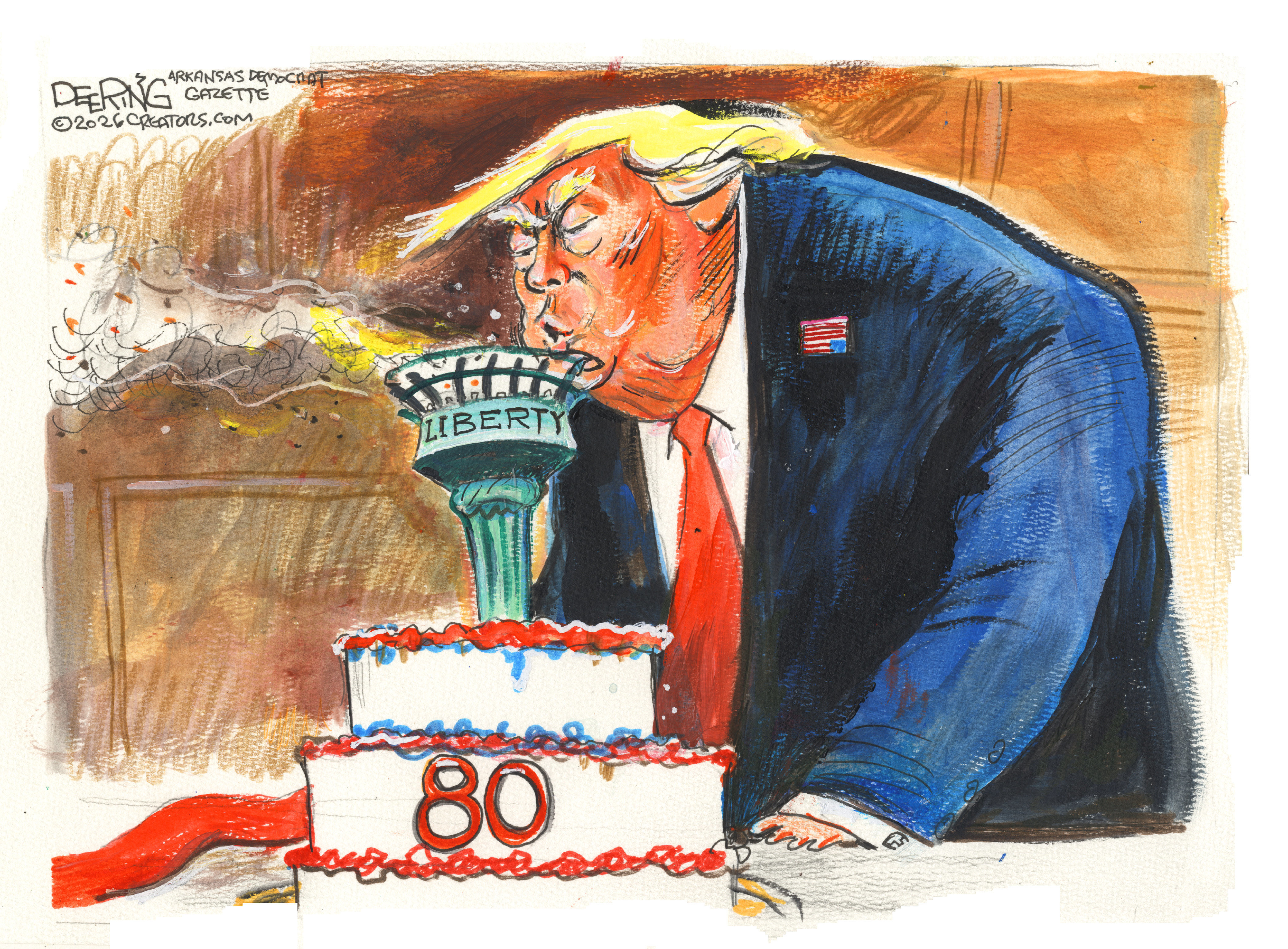 Donald Trump celebrates his 80th birthday with a cake on which he has blown out the torch of liberty on top.