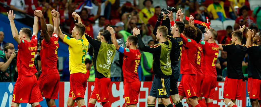 Belgium celebrate their quarter-final win over Brazil in 2018