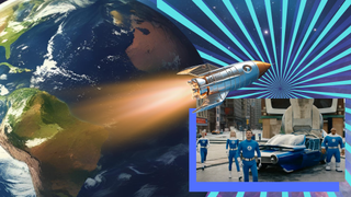 (Main) An illustration shows a retrostyle rocket leaving Earth and encountering cosmic rays (Inset) a still from the forthcoming Fantastic Four: First Steps in which the heroes receive their powers through cosmic ray bombardment
