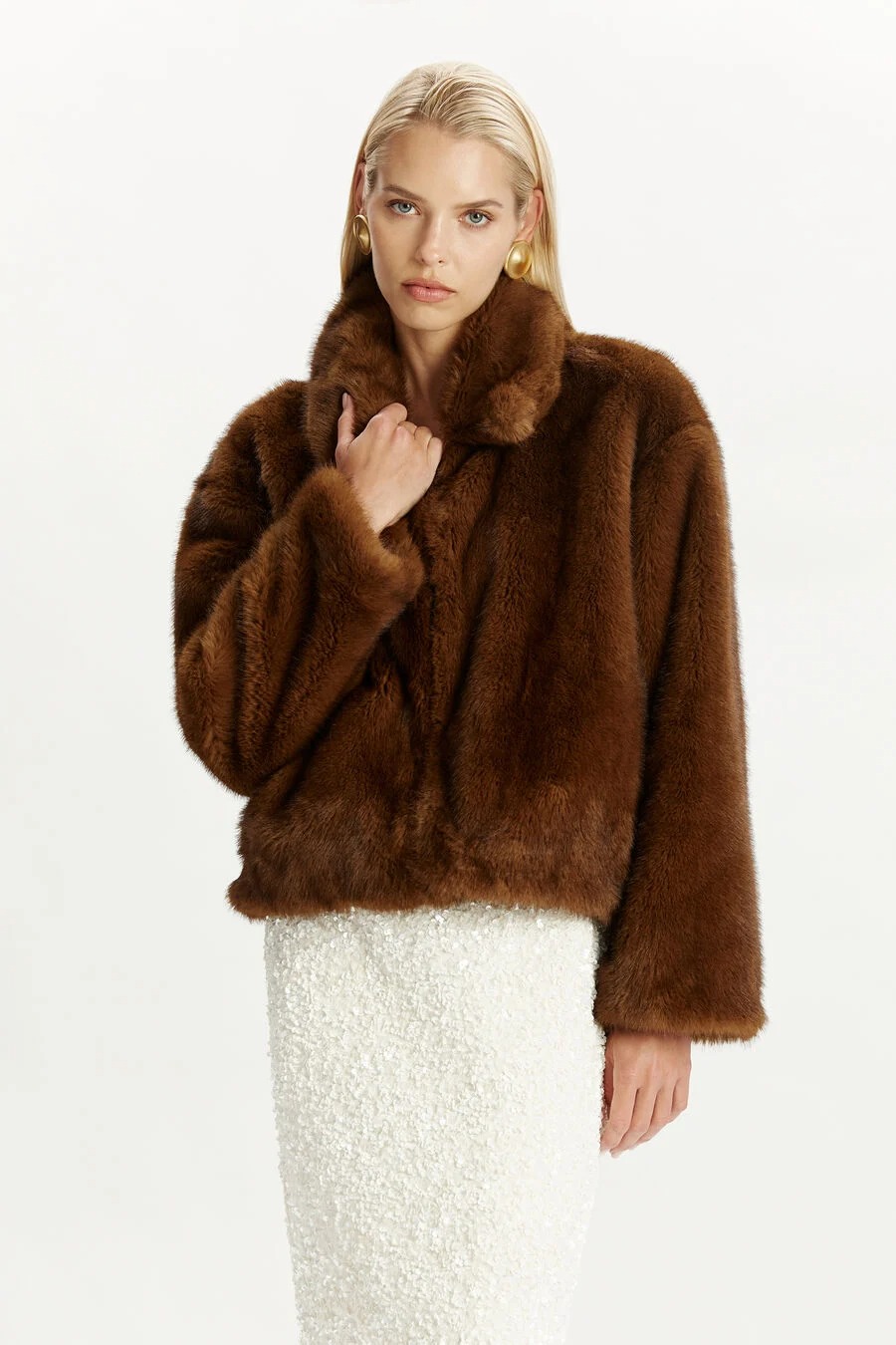 Bardot , Sylvie Zip Faux Fur Jacket in Chocolate