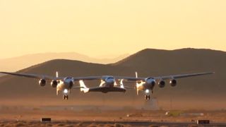Virgin Galactic's WhiteKnightTwo carrier plane takes off with the SpaceShipTwo VSS Unity from Mojave Air and Space Port ahead of the fourth powered test flight of the passenger space plane on Dec. 13, 2018.