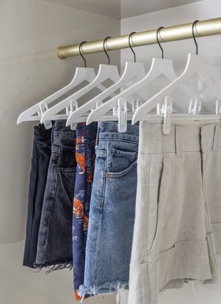 Shorts and skirts hanging along closet rail, Neat Method