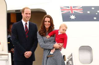 Catherine, Duchess of Cambridge, Prince William, Duke of Cambridge and Prince George of Cambridge leave Fairbairne Airbase as they head back to the UK after finishing their Royal Visit to Australia on April 25, 2014