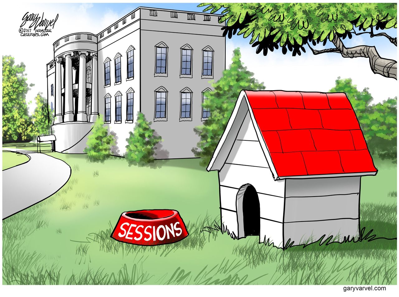 Political cartoon U.S. Trump Russian investigation Sessions dog house