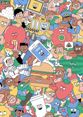 A colourful illustration of many different people and objects all jumbled together.