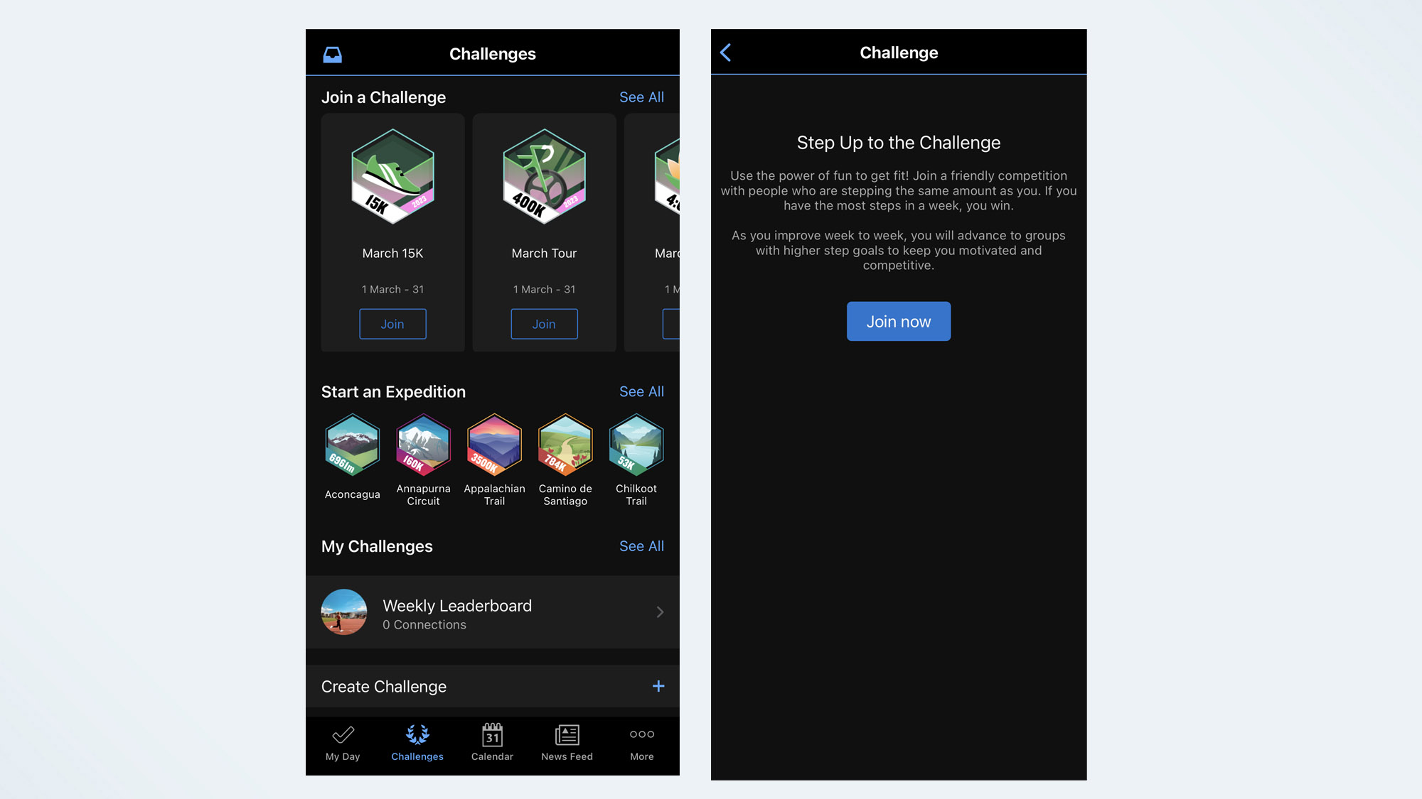 Ein Screenshot, der Herausforderungen in der Garmin Connect App zeigt