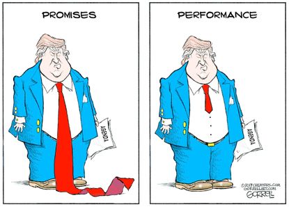 Political Cartoon U.S. Trump long tie campaign promises presidential performance