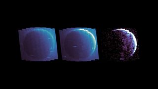 MAVEN's Imaging Ultraviolet Spectrograph observes the atmosphere of Mars, making images of neutral hydrogen and proton aurora simultaneously (left). Observations under normal conditions show hydrogen on the disk and in the extended atmosphere of the planet from a vantage point on the nightside (middle). Proton aurora is visible as a significant brightening on the limb and disk (right).