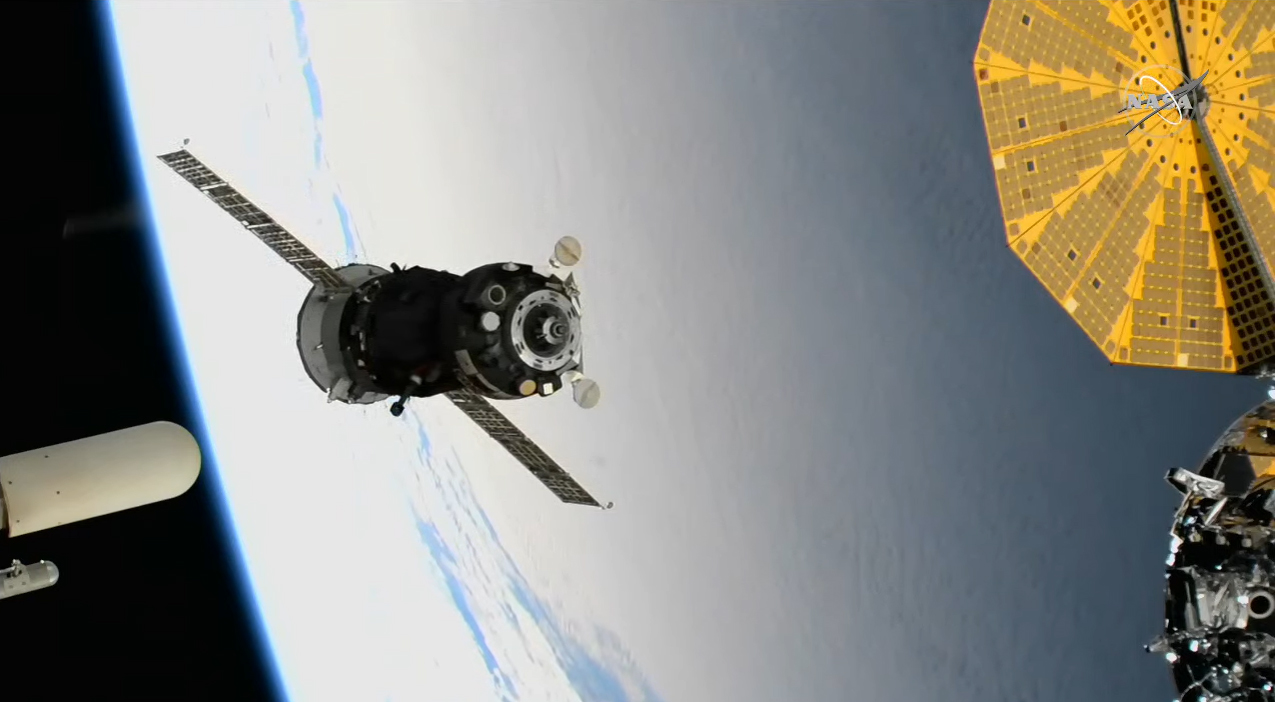 The Russian Soyuz MS-19 spacecraft carrying NASA astronaut Mark Vande Hei and Russian cosmonauts Pyotr Dubrov and Anton Shkaplerov undocks from the International Space Station on March 30, 2022.