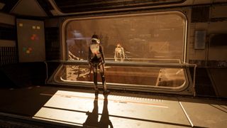 A woman looks out into Mars from inside of a space facility in a screenshot from Deliver Us Mars
