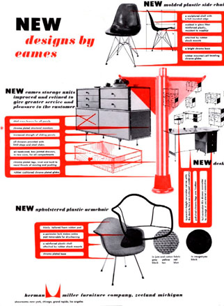 Eames furniture ad, highlighting plastic shell chairs and the Eames Storage Units