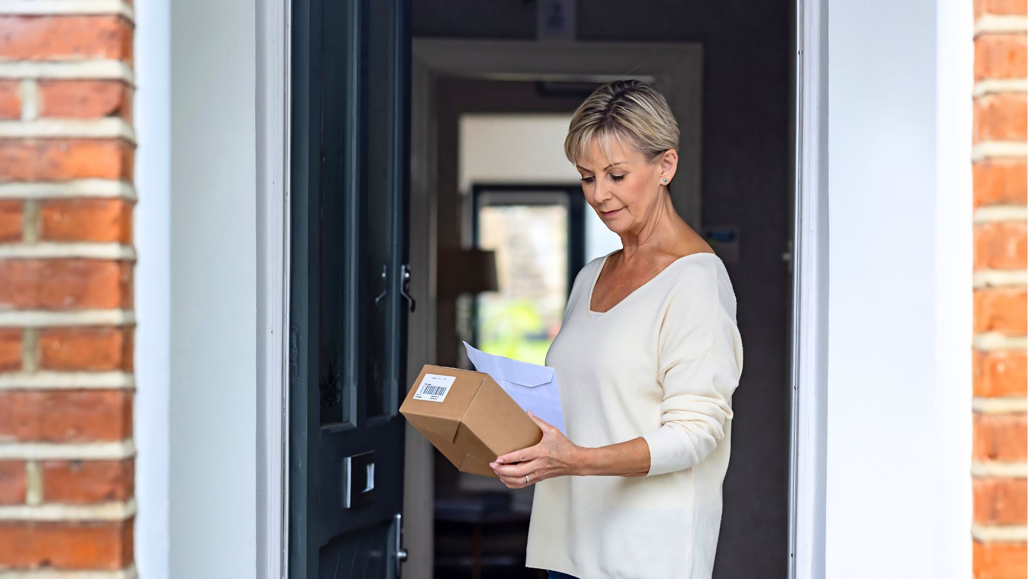 A woman looking at the mail that was delivered to her home. 
