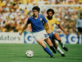 Paolo Rossi on the ball for Italy against Brazil at the 1982 World Cup.