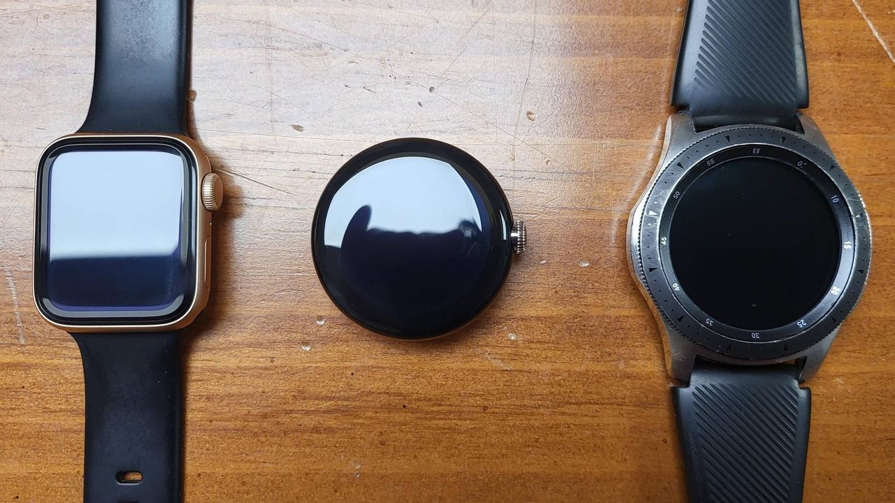 Google Pixel Watch next to 40mm Apple Watch and 46mm Galaxy Watch