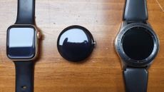 Google Pixel Watch next to 40mm Apple Watch and 46mm Galaxy Watch