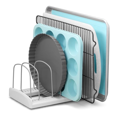 Youcopia Storemore Adjustable Bakeware Rack, Cookie Sheet Baking Pan and Tray Organizer for Kitchen Cabinet and Pantry Storage, Standard, White