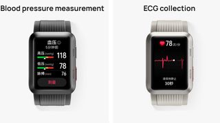Deux images de la Huawei Watch D, l'une montrant une prise de tension artérielle, l'autre un ECG