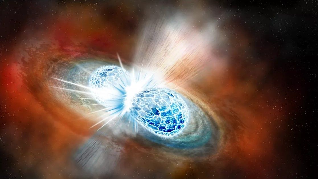 An artist&#039;s illustration of two ultradense neutron stars colliding together in a spectacular explosion