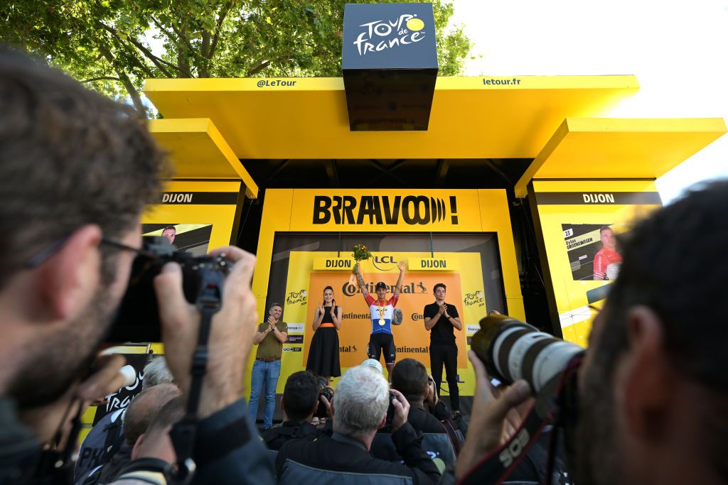 DIJON FRANCE JULY 04 Dylan Groenewegen of Netherlands and Team Jayco AlUla celebrates at podium as stage winner during the 111th Tour de France 2024 Stage 6 a 1635km stage from Macon to Dijon UCIWT on July 04 2024 in Dijon France Photo by Tim de WaeleGetty Images