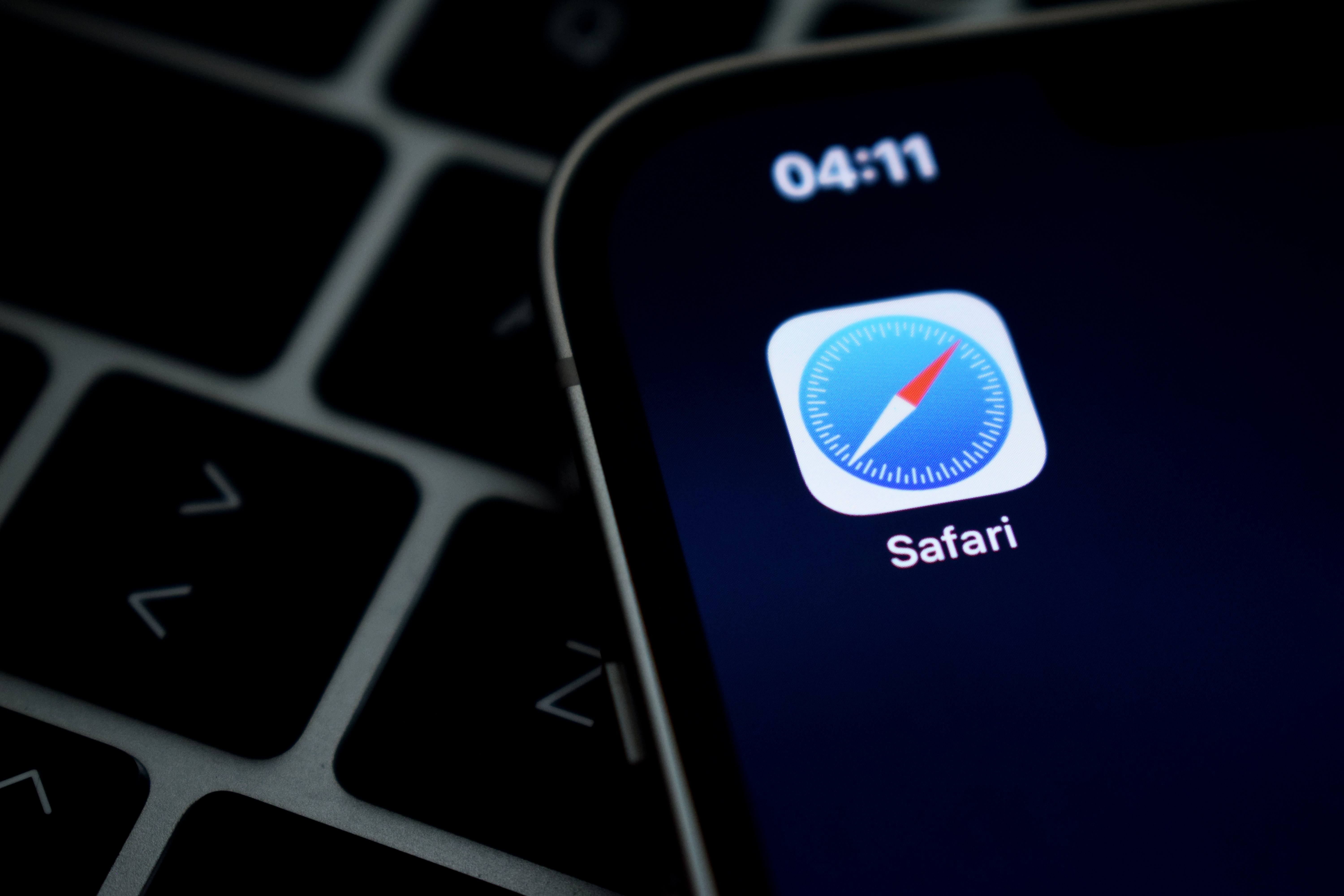 Safari icon app browser on the display iPhone. Safari is a web browser developed by Apple and part of macOS and iOS.