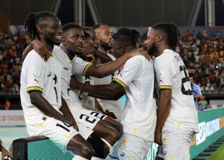 Ghana players celebrate a goal against Egypt at the Africa Cup of Nations in January 2024.