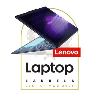 A Laptop Mag award image for MWC 2025, featuring the best concept: the Lenovo Yoga Solar, a laptop with a solar panel for recharging. This image is a part of the Laptop Mag special issue for MWC 2025.