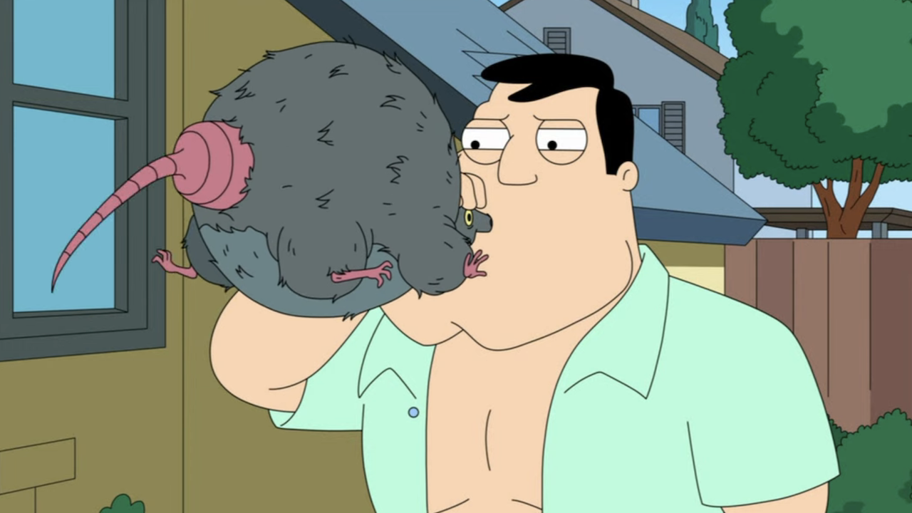 Stan blowing into dead rat like a balloon in American Dad's Season 20 premiere