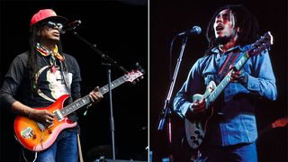 Junior Marvin of The Wailers performing on the main stage during Kendal Calling 2018 at Lowther Deer Park on July 29, 2018 in Kendal, England. Bob Marley and The Wailers perform on stage at the Odeon, Birmingham, United Kingdom, 18 July 1975. 