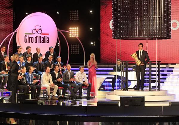 Alberto Contador was lowered into the presentation, with his trophy, from above.
