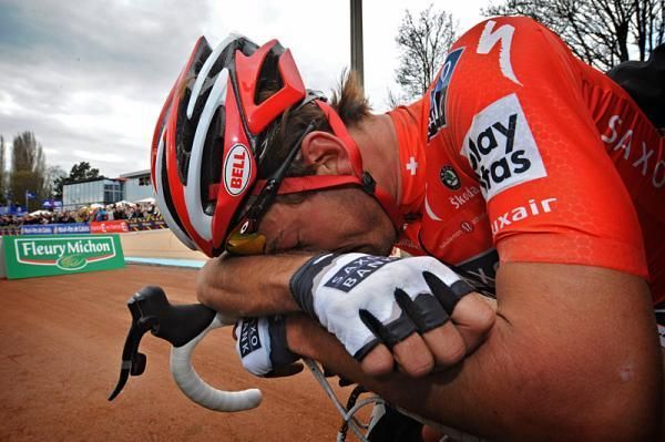 An exhausted Fabian Cancellara after his Paris-Roubaix victory.