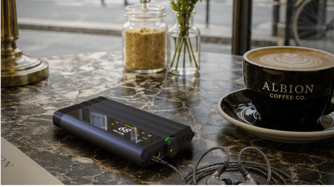 iFi iDSD GR 2 DAC / headphone amplifier on a table next to a coffee mug