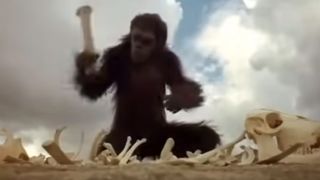 A chimpanzee smashing bones with another bone in 2001: A Space Oddyssey