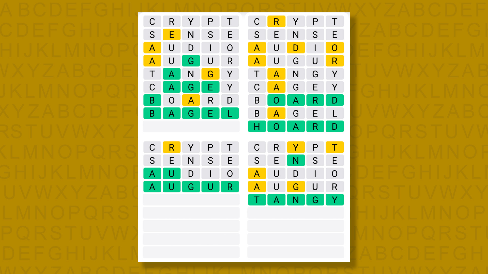Quordle answers for game 1519 on a yellow background