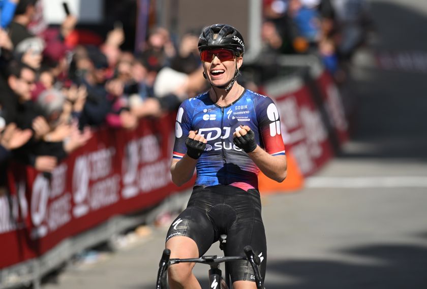 SIENA, ITALY - MARCH 08: Demi Vollering of Netherlands and Team FDJ - SUEZ celebrates at finish line as race winner during the 11st Strade Bianche 2025, Women&#039;s Elite a 136km one day race from Siena to Siena 320m / #UCIWWT / on March 08, 2025 in Siena, Italy. (Photo by Dario Belingheri/Getty Images)