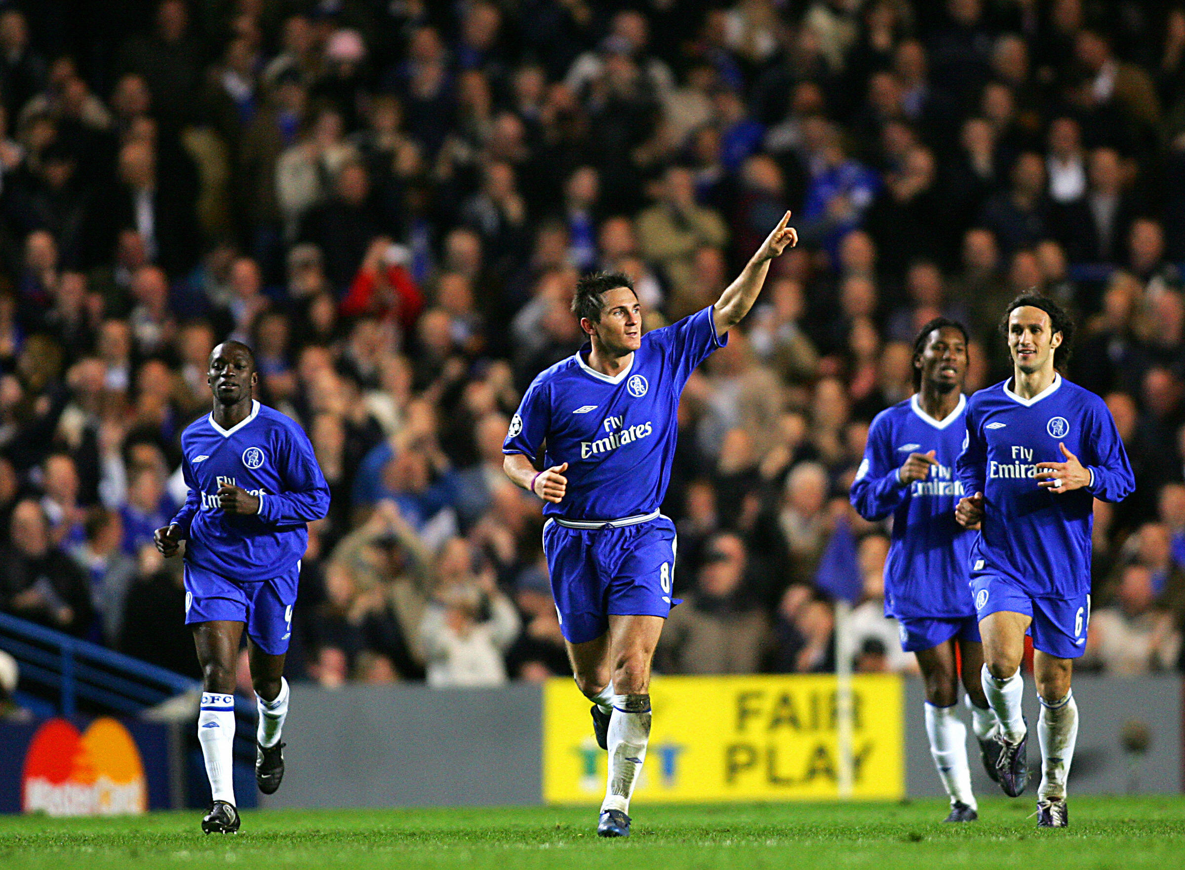 Frank Lampard celebrates after scoring his second goal for Chelsea against Bayern Munich in the Champions League at Stamford Bridge in April 2005.