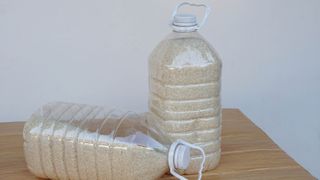 Rice stored in plastic bottles