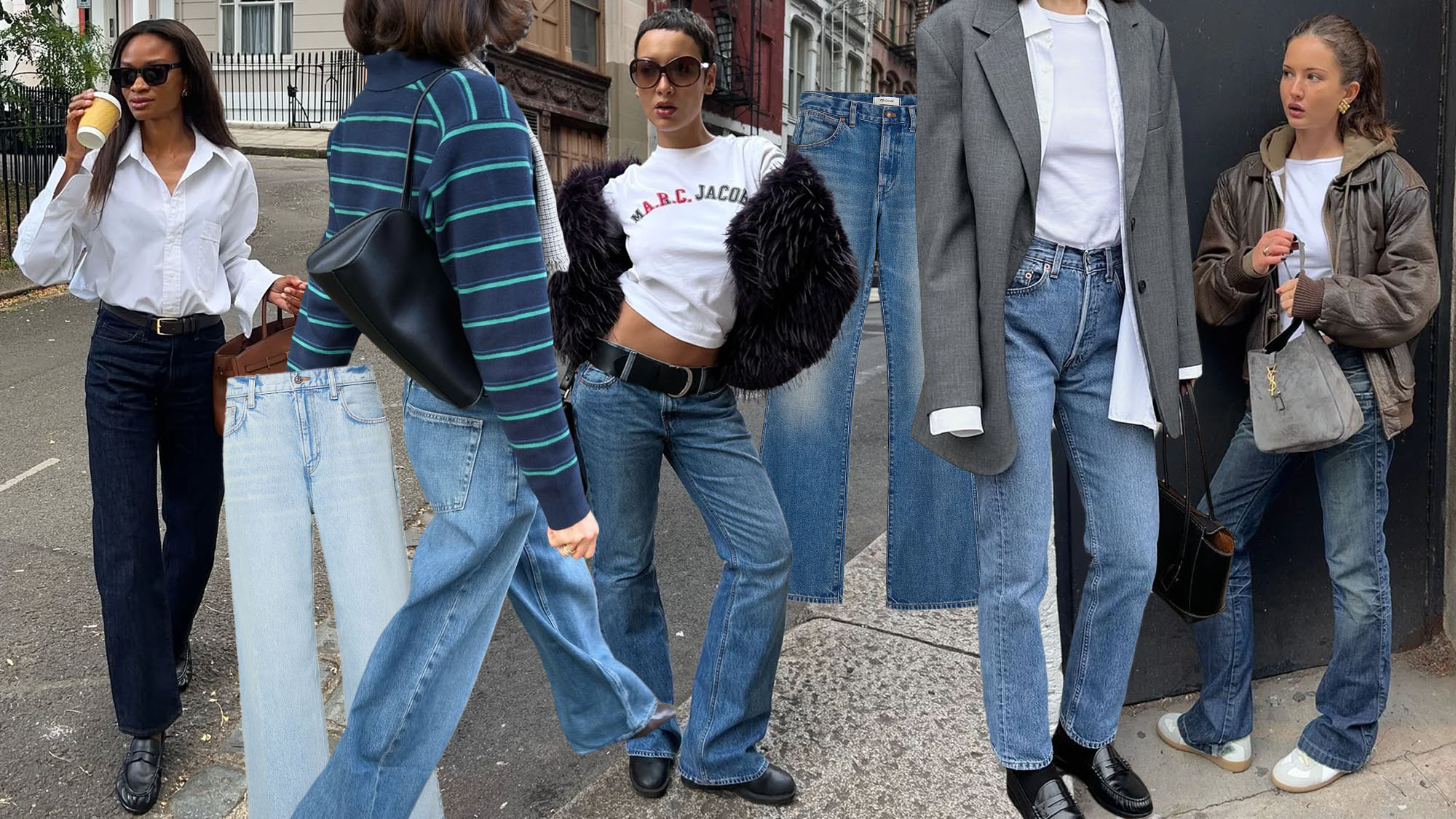 Various women in straight-leg, wide-leg, and bootcut jeans