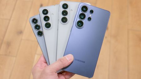 Samsung Galaxy phones, with the Galaxy S26 Ultra on top, in a fan shape