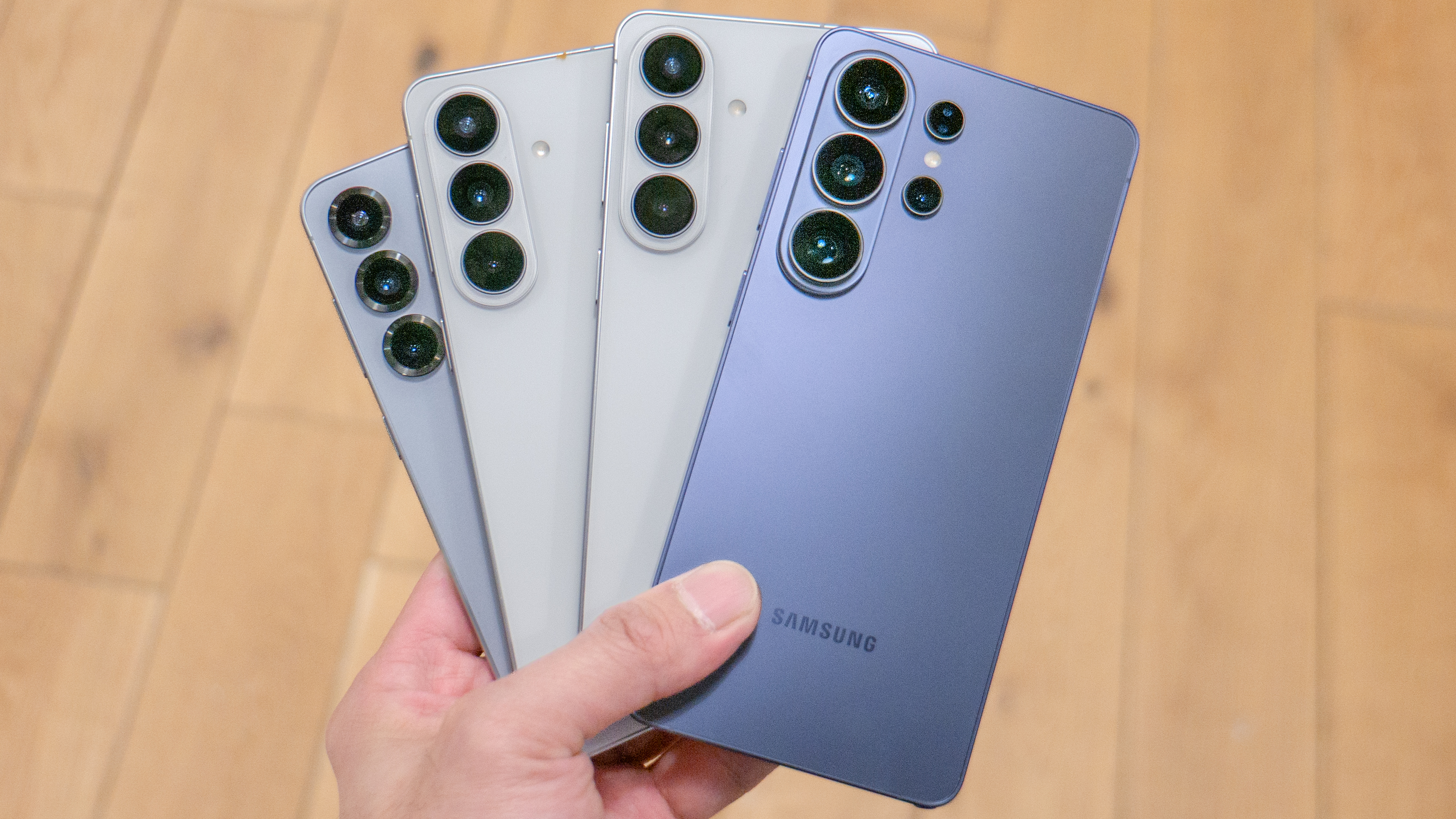 Samsung Galaxy phones, with the Galaxy S26 Ultra on top, in a fan shape