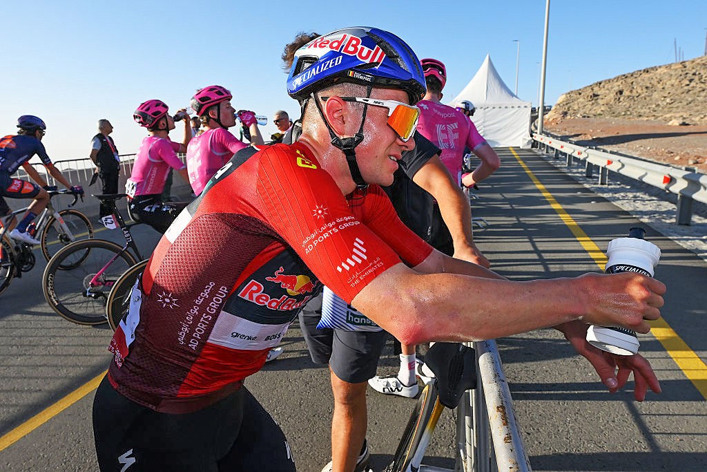 JEBEL MOBRAH, UNITED ARAB EMIRATES - FEBRUARY 18: Remco Evenepoel of Belgium and Team Red Bull - BORA - hansgrohe - Red Leader Jersey reacts after the 8th UAE Tour 2026, Stage 3 a 183km stage from Umm al Quwain to Jebel Mobrah 1229m / #UCIWT / on February 18, 2026 in Jebel Mobrah, United Arab Emirates. (Photo by Tim de Waele/Getty Images)