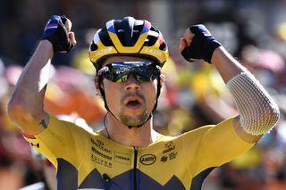 Team Jumbo rider Slovenias Primoz Roglic celebrates as he crosses the finish line to win the 4th stage of the 107th edition of the Tour de France cycling race 157 km between Sisteron and OrcieresMerlette on September 1 2020 Photo by AnneChristine POUJOULAT POOL AFP Photo by ANNECHRISTINE POUJOULATPOOLAFP via Getty Images