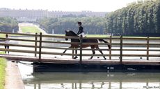 How to watch eventing at the Paris Olympics A horse and rider on the pontoon crossing over the Grand Canal at Versailles with the palace in the background, during the cross-country test for the Paris 2024 Olympics.