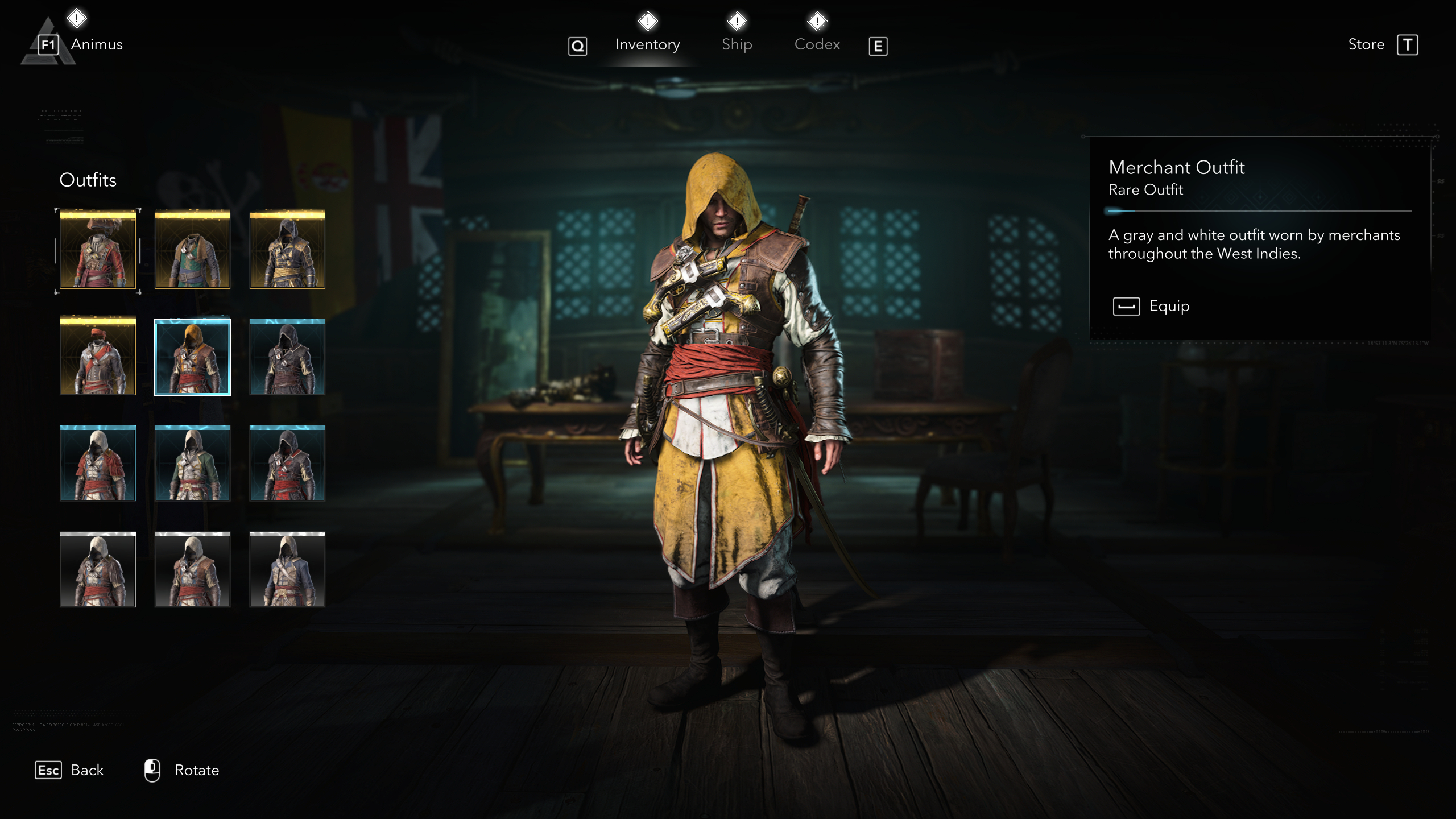 Black Flag outfits: The Merchant Outfit viewed in the menu.
