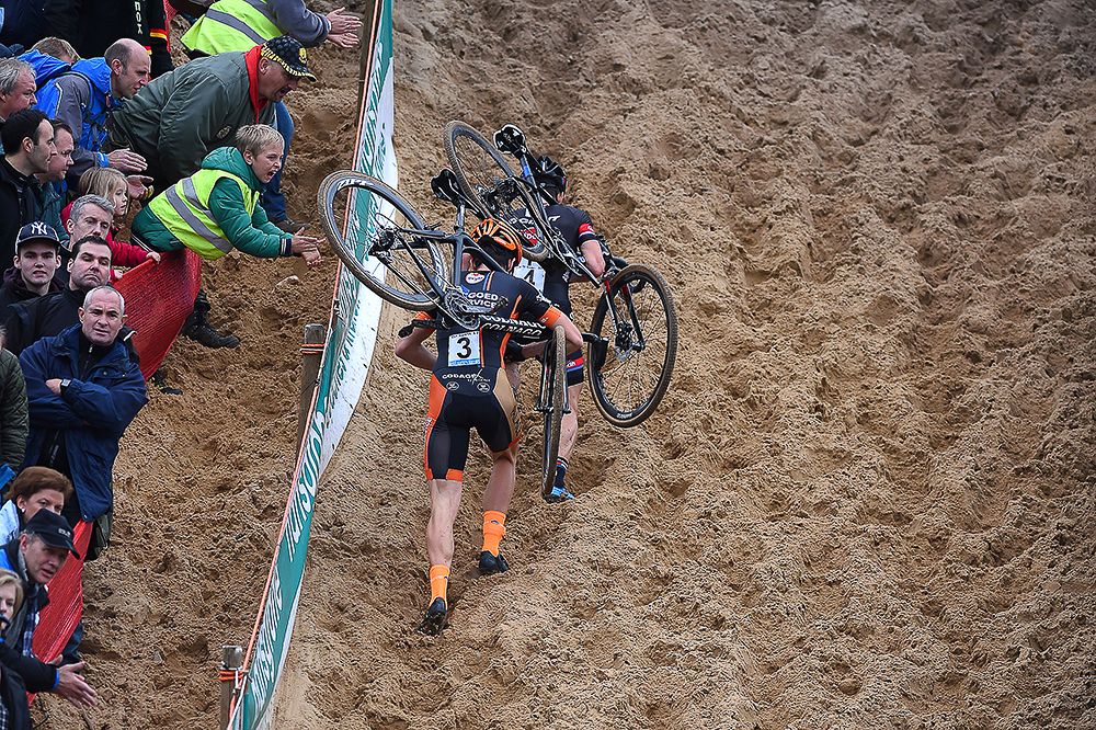Lars van der Haar and Wout van Aert on the sand climb at Zonhoven