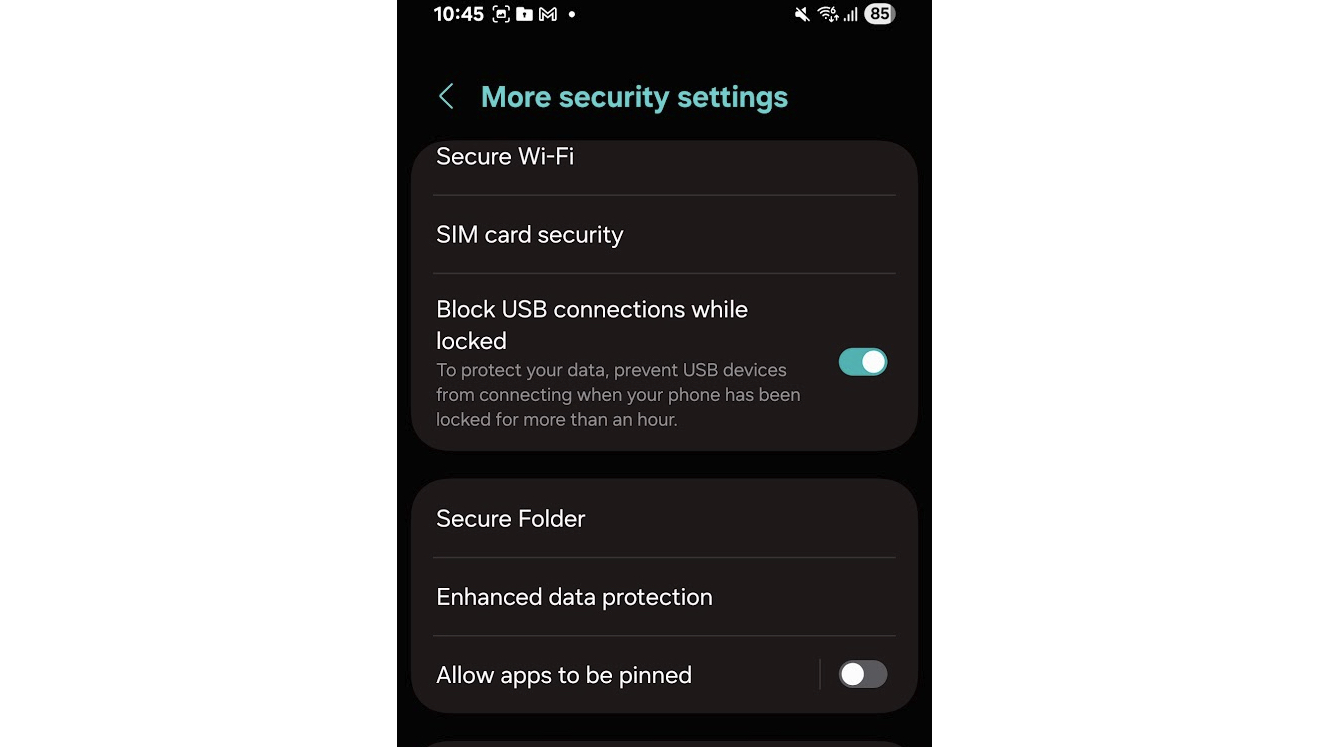 The Secure Folder option on a Samsung phone