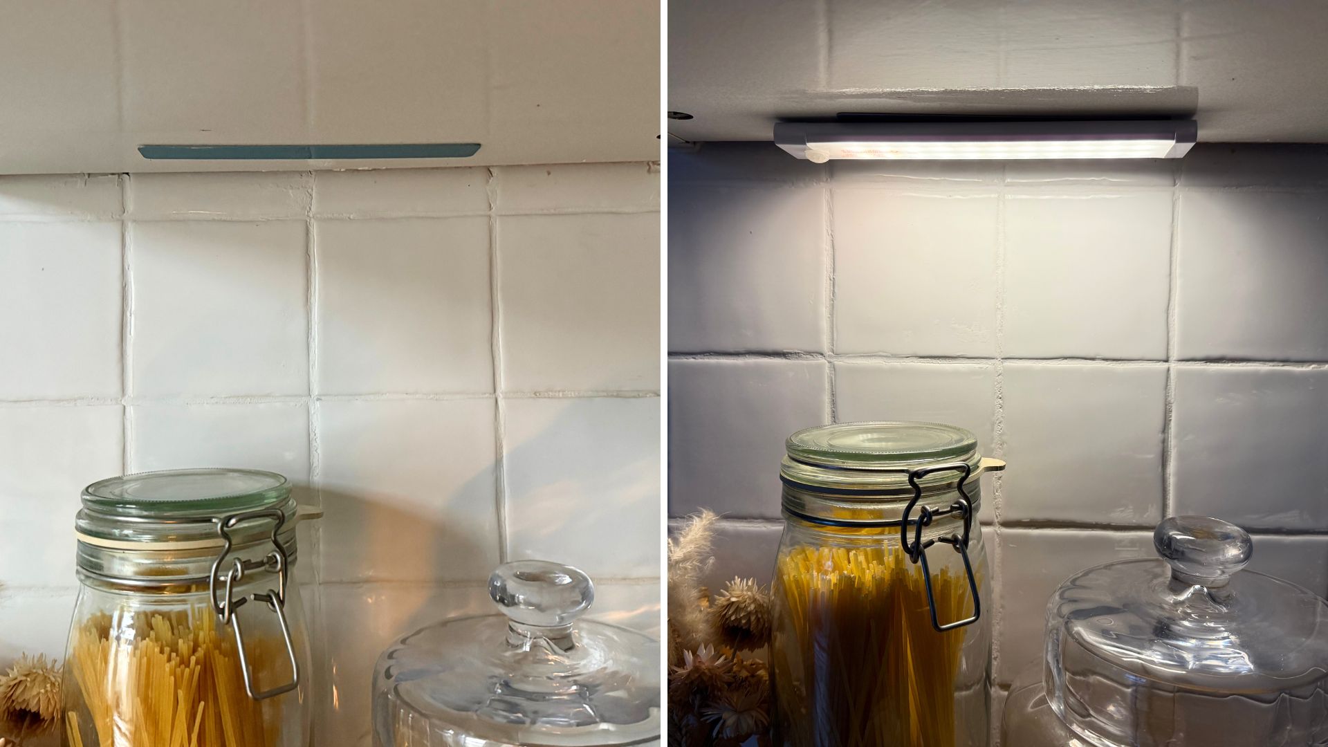split image showing the magnetic strip of my under cabinet kitchen lights and the light in use